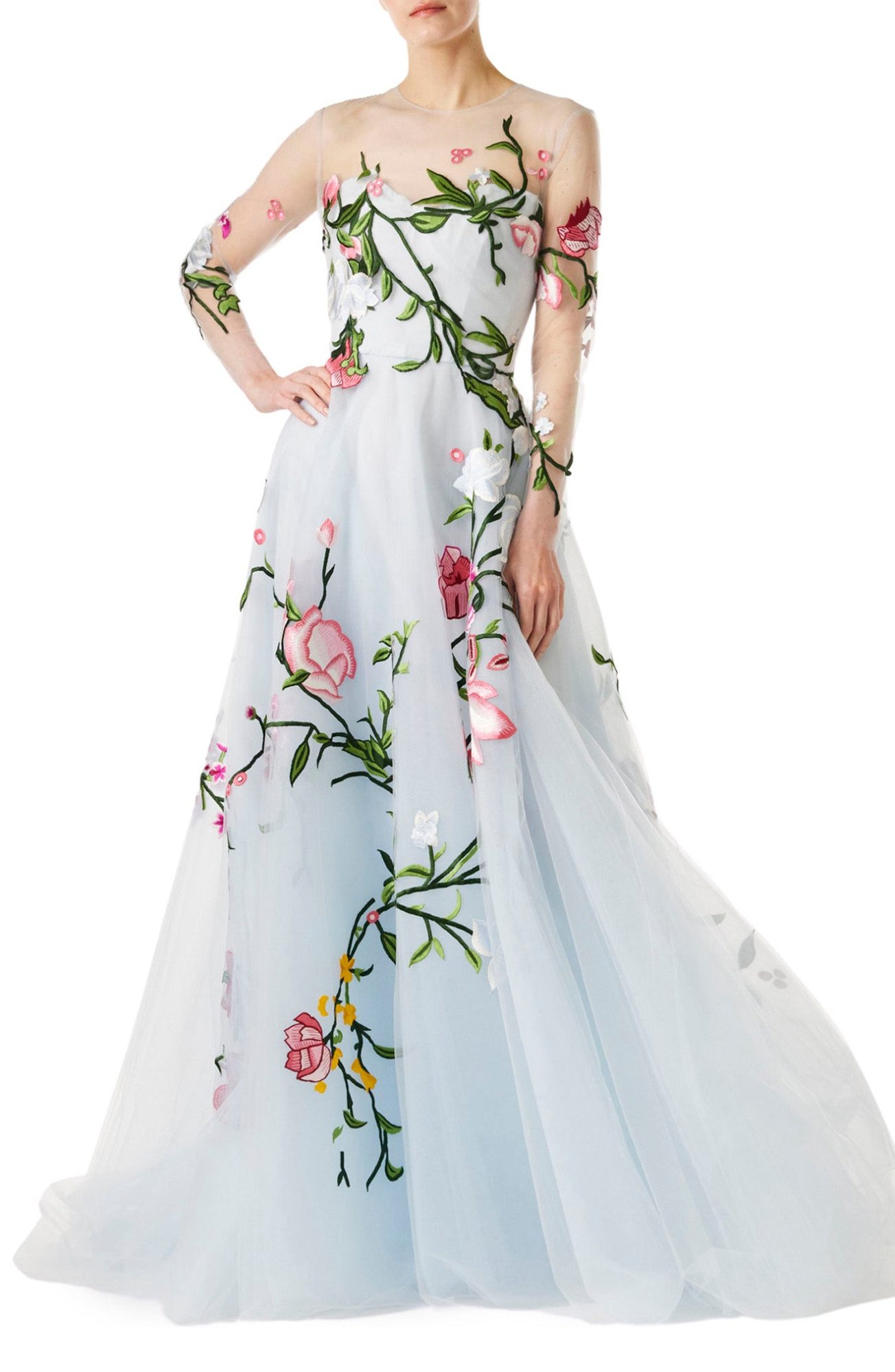 Monique Lhullier Pale Blue Floral Wedding Dress