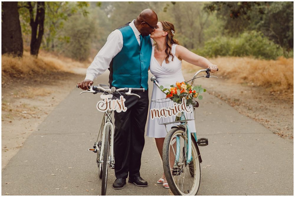 Bride and groom with bicycles