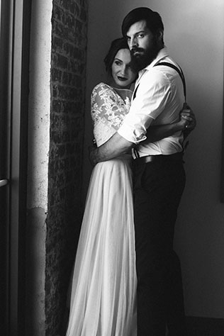 A moody and artistic wedding inspiration shoot at a restored gym and art gallery by Melissa Xenakis Photography