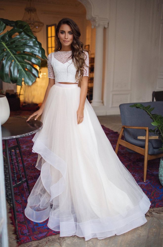 Embellished Crop Top with Horsehair Skirt | Mila Bridal