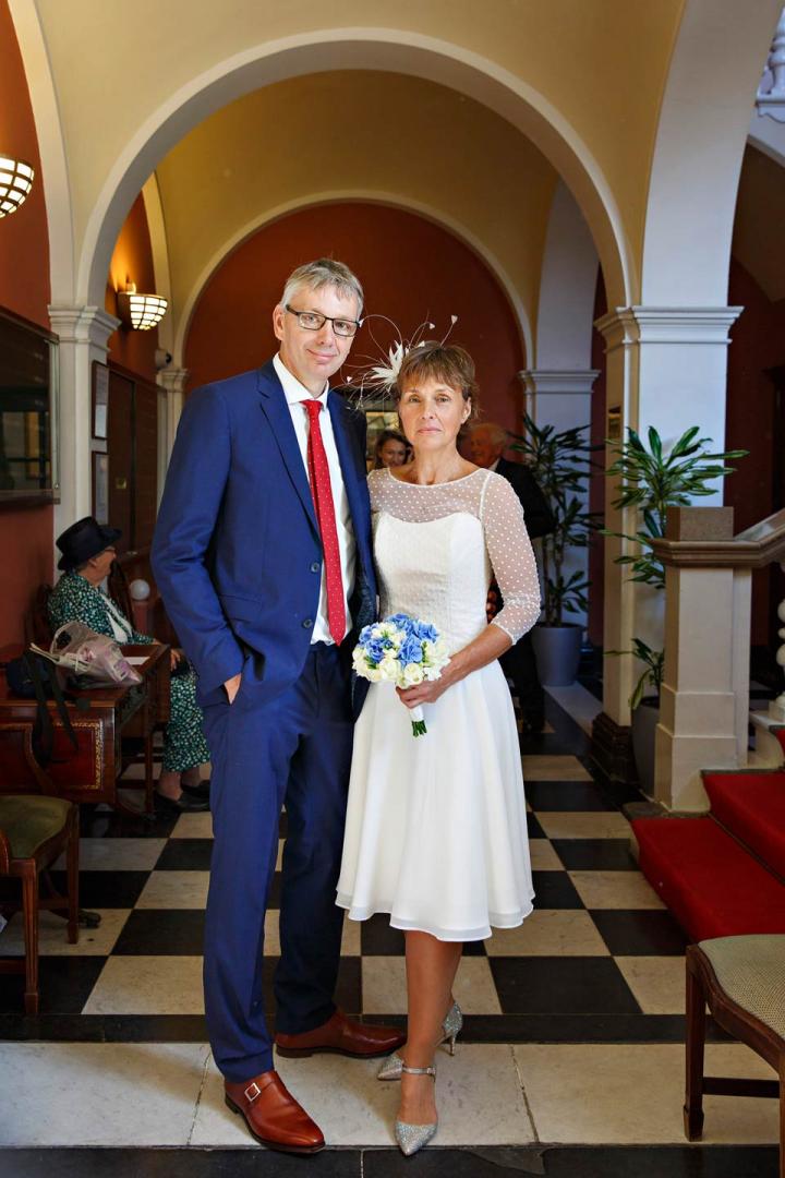 knee-length polka dot second wedding dress