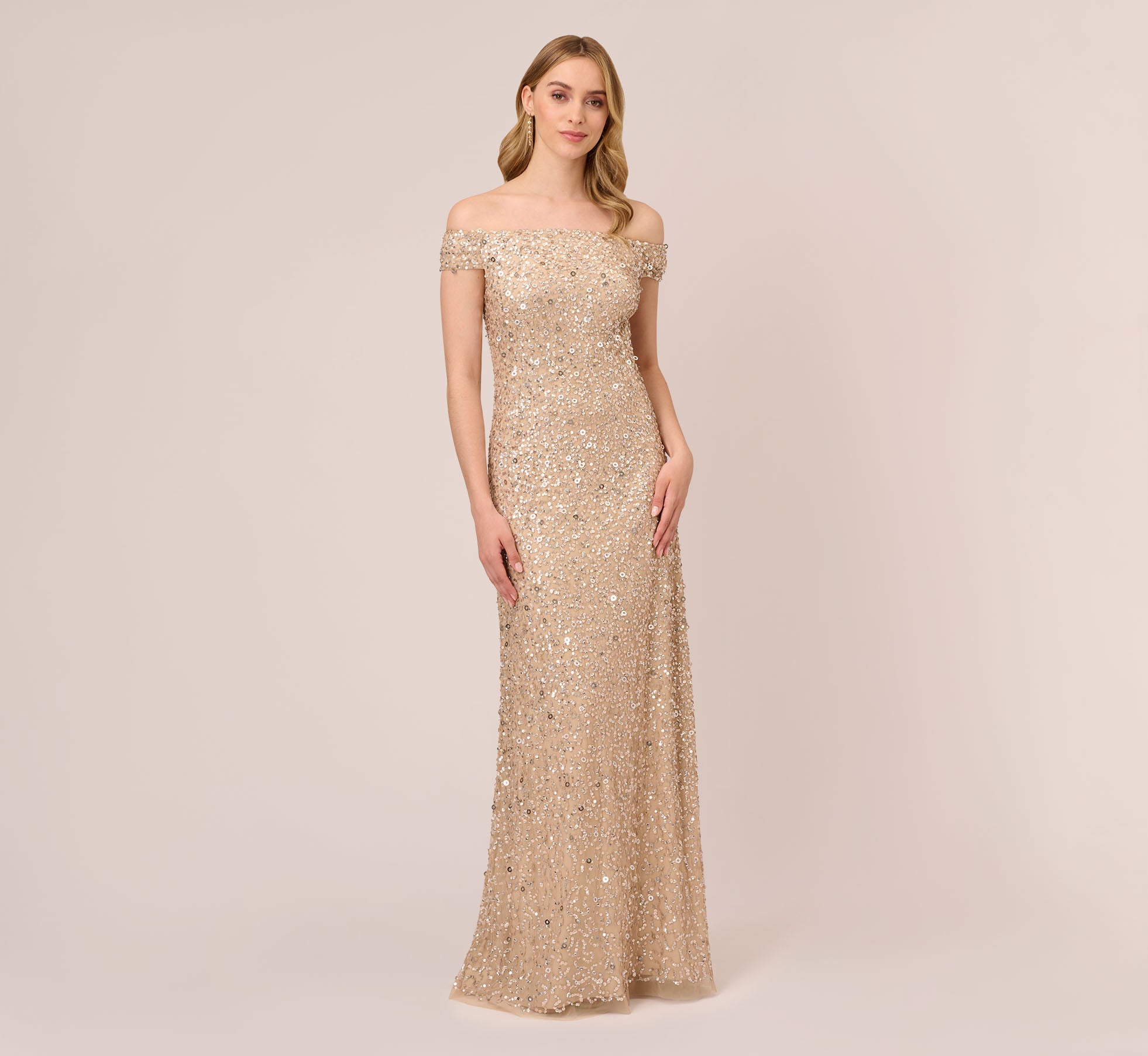 Adrianna Papell Champagne Off Shoulder Sequin Wedding Dress