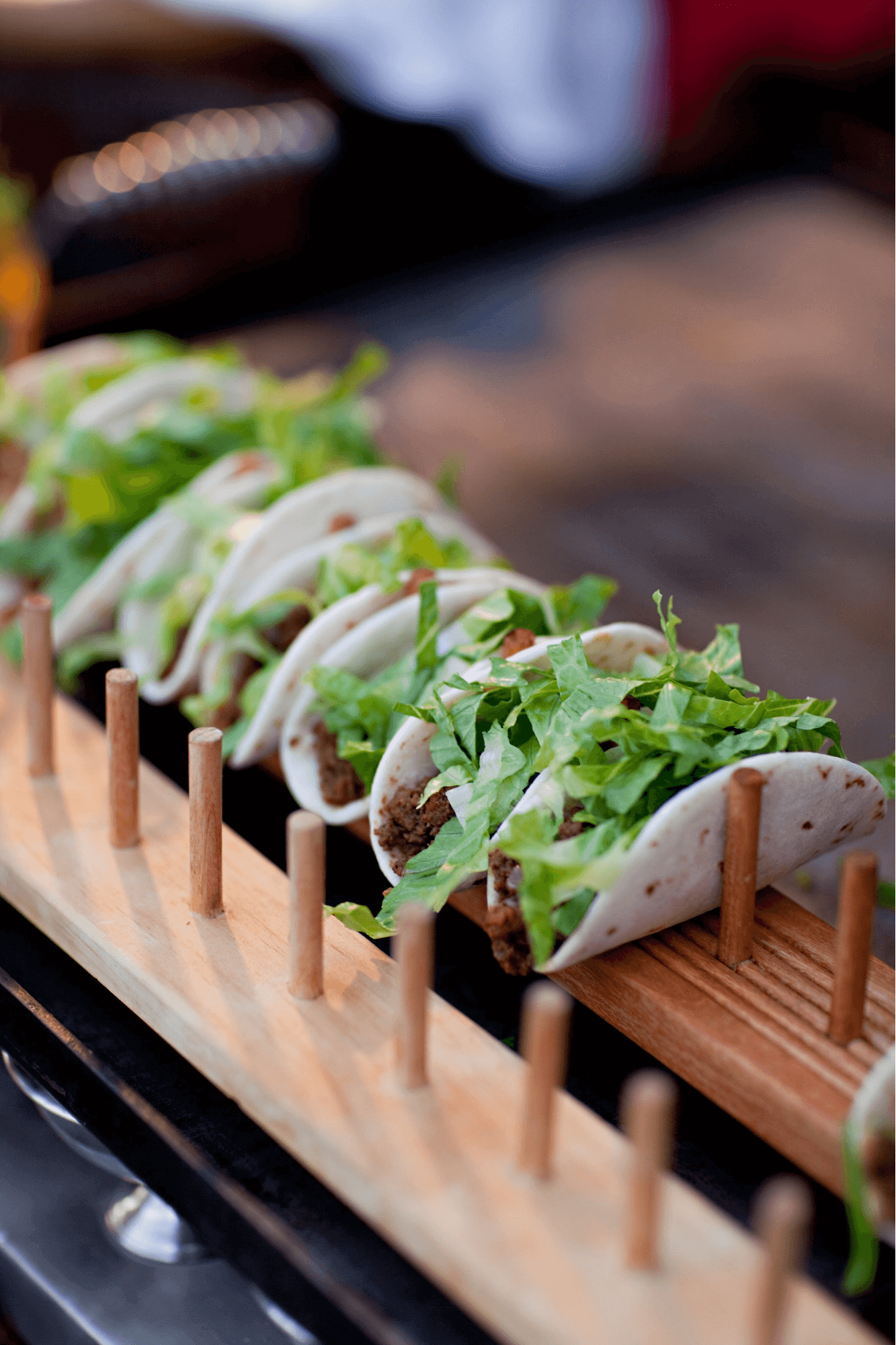 Tiny Tacos on Wooden Platter