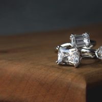Three synthetic diamond rings with three different cuts