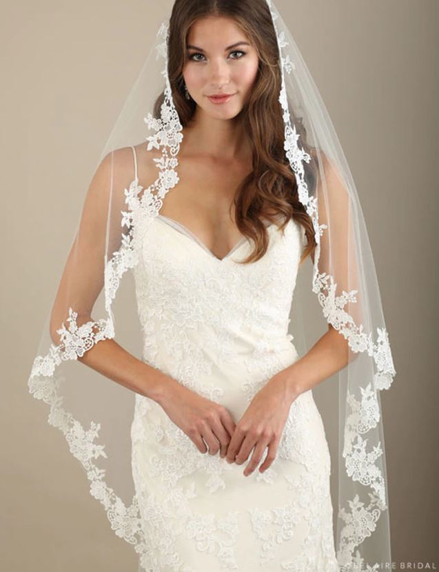 bride wearing lace edge veil