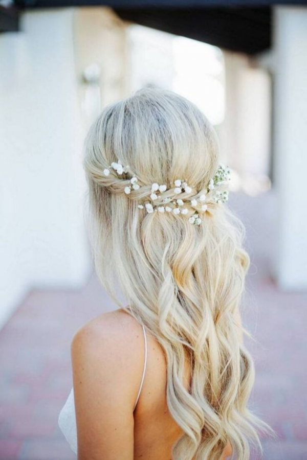 Bride wearing flowers in her hair