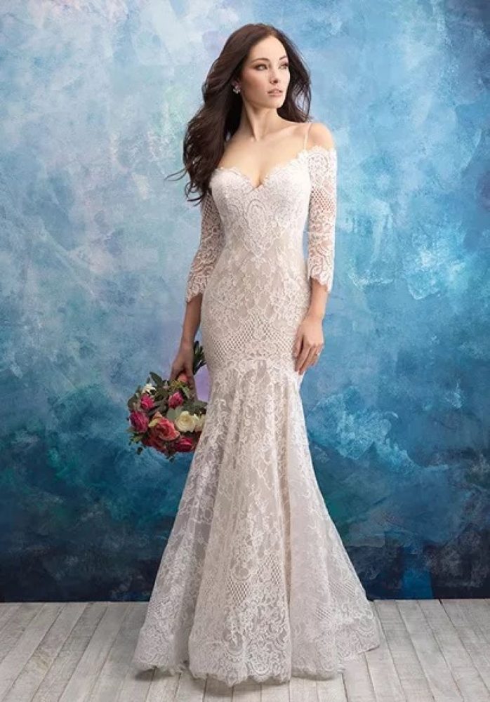 Stunning off the shoulder wedding dress by Allure Bridals with 3/4 sleeves