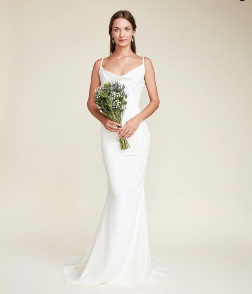Simple sheath bridal gown with cowl neckline