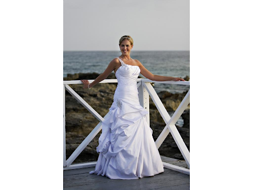 Bride posing in front of coast in lovely wedding dress