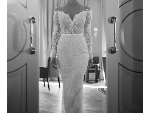 Form fitted wedding dress with gorgeous neckline