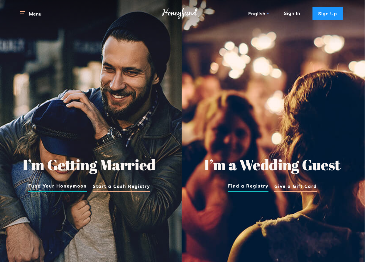 Screenshot of homepage for Honeyfund crowdfunding website for engaged couples