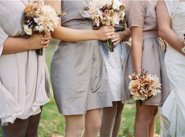 airplane-hanger-wedding-bridesmaid-dresses-fall-coral-beige-brown-bouquets