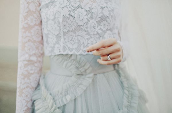 Blue Grey Tulle Ruffle Wedding Dress Lace Top