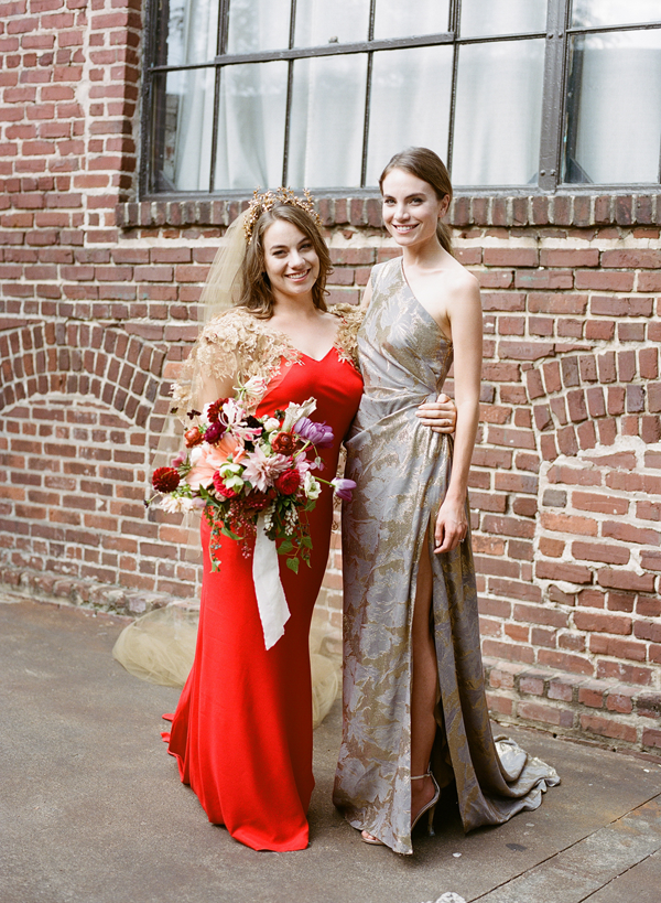 bride-bridesmaid-red-wedding-dress
