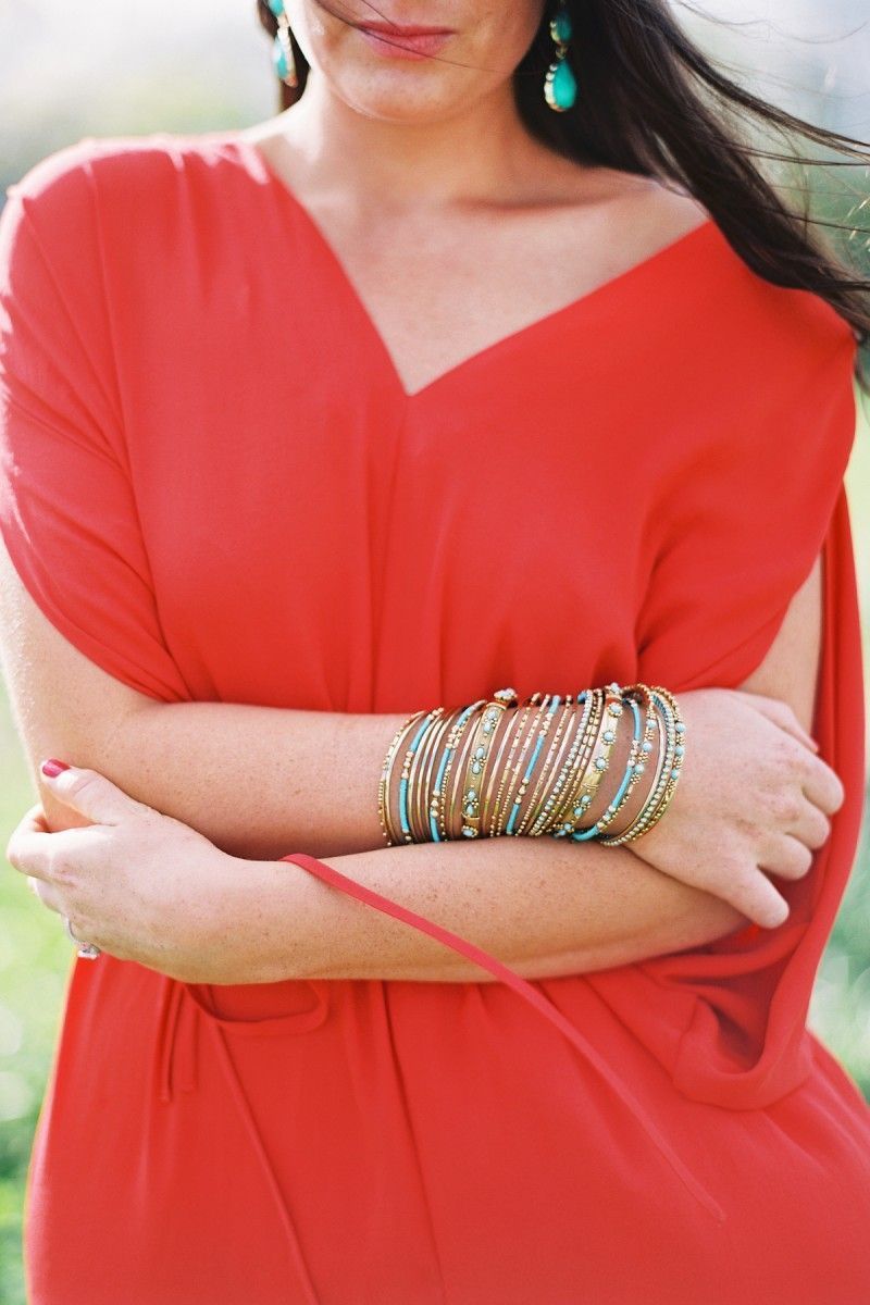 Coral Dress Engagement Photo Outfit Torquois Accessories Bangle Bracelets