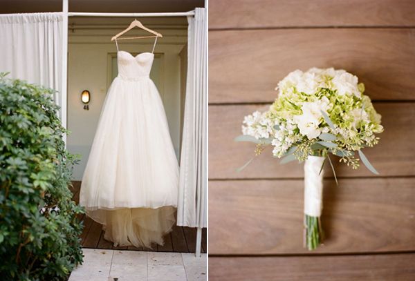 green-white-wedding-bouquet-modern-vera-wang-bow-wedding-dress