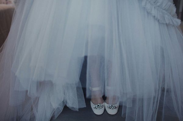 Grey Tulle Wedding Gown White Shoes