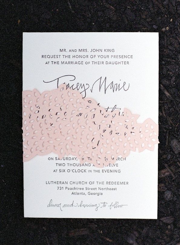 Letterpress Calligraphy Wedding Invitation Pink Accent Colors