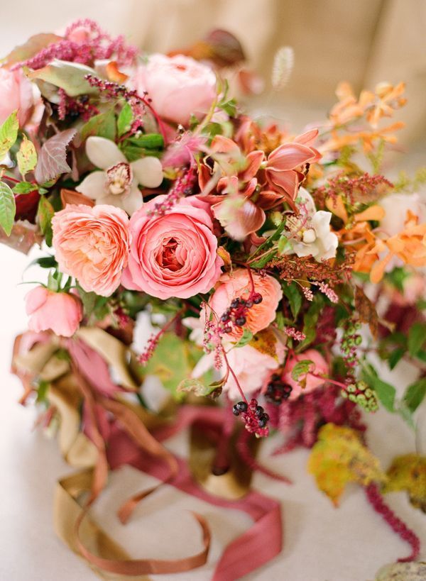 fall-wedding-bouquets-garden-roses-pink-coral-orange-orchids-mauve-loose
