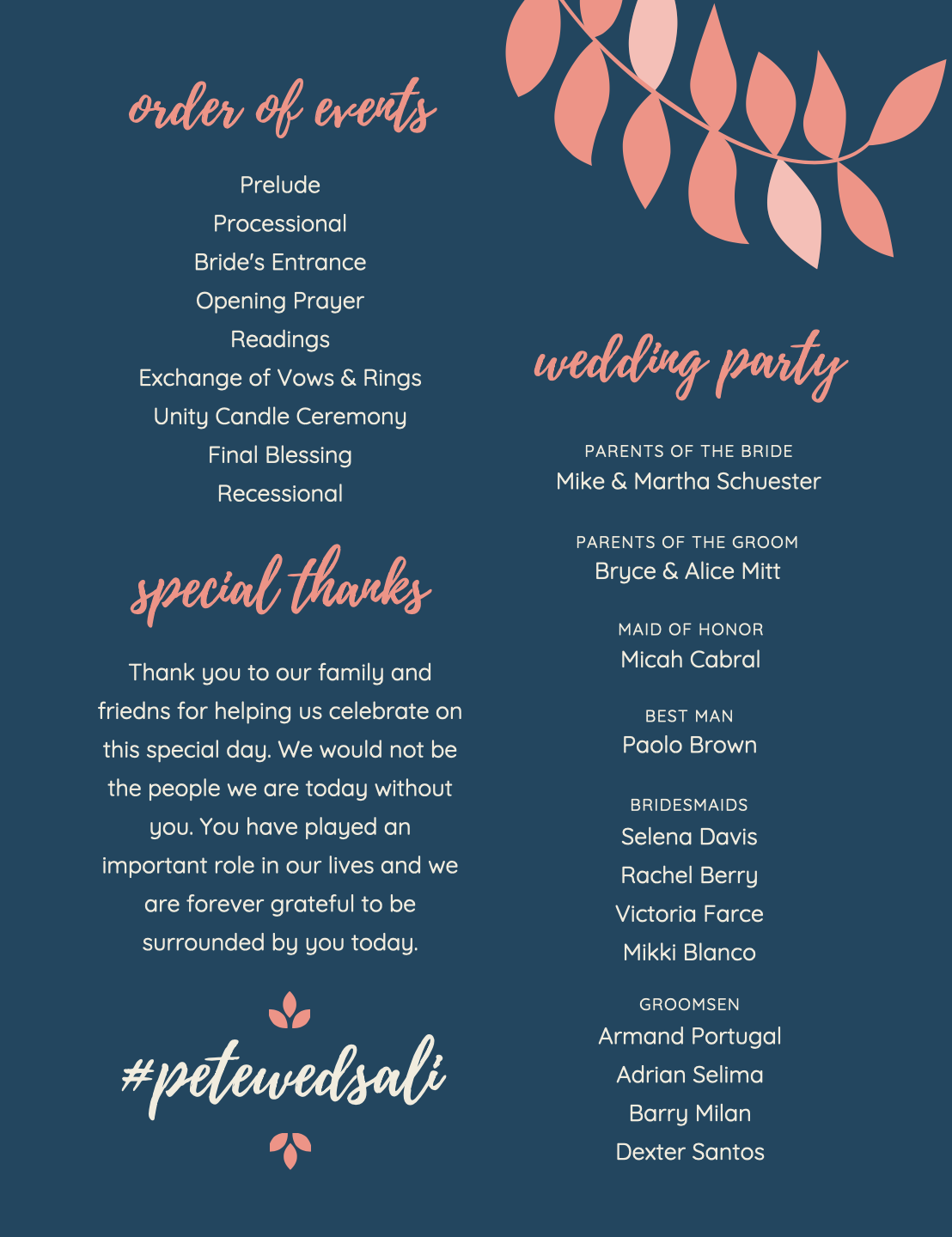 Back of peach and navy wedding program with best day ever design