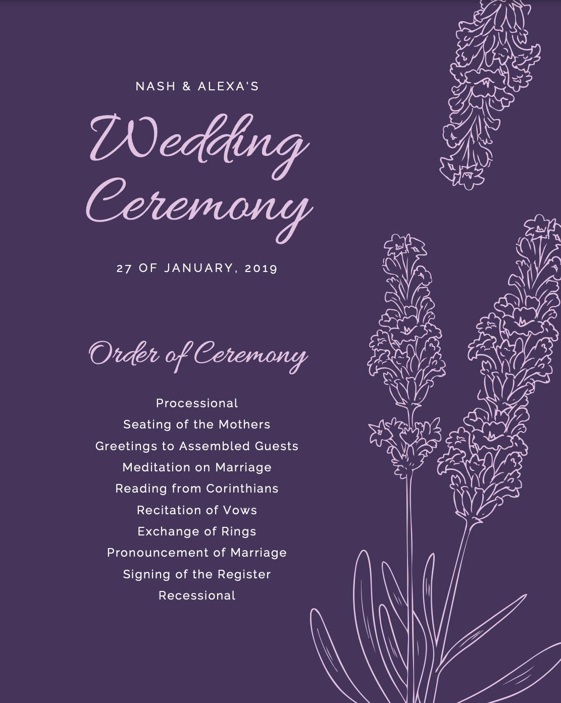 Front of lavender wedding program with wildflower design