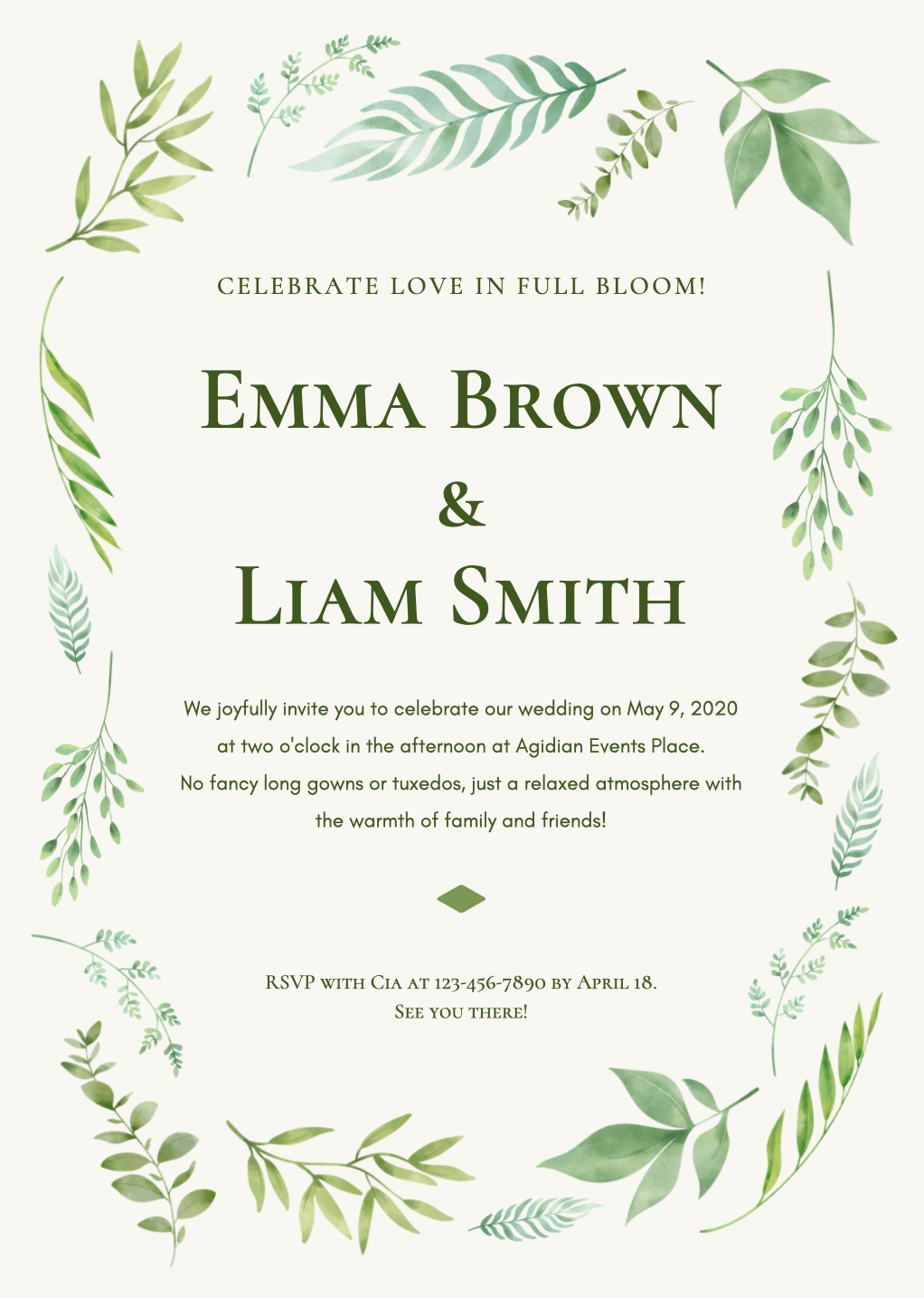  Green and white wedding invitation with greenery design