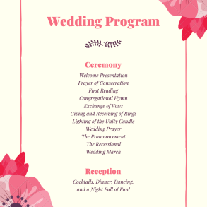 Pink wedding program with flower design