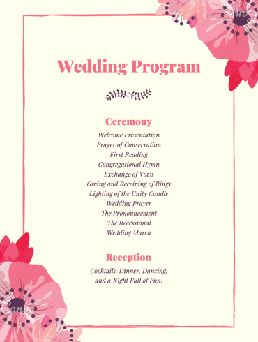 Pink wedding program with flower design