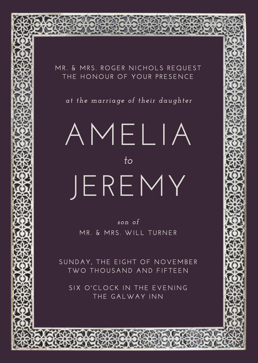 Purple wedding invitation with classy design