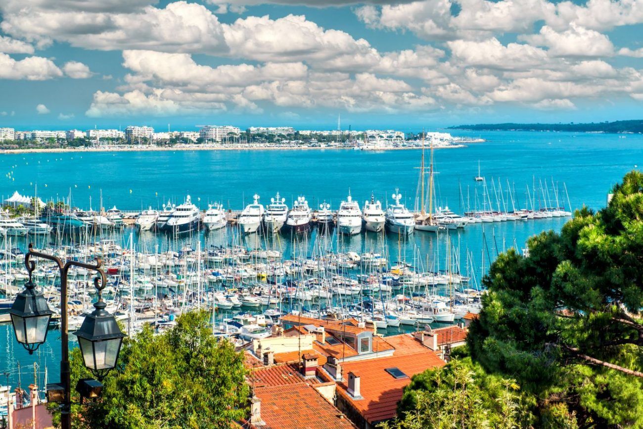 Panoramic view of Le Suquet- the old town, Port Le Vieux and La Croisette of Cannes, France