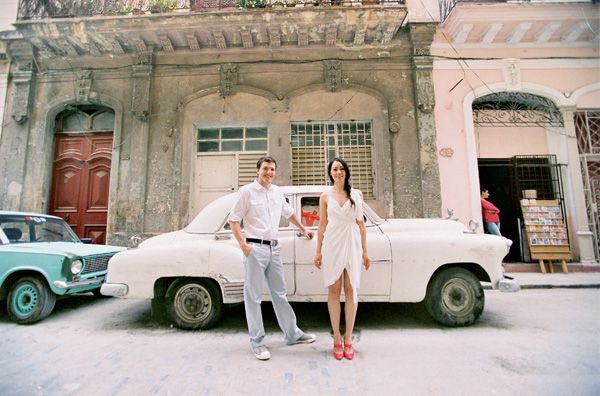 Cuba Couple White Car Street