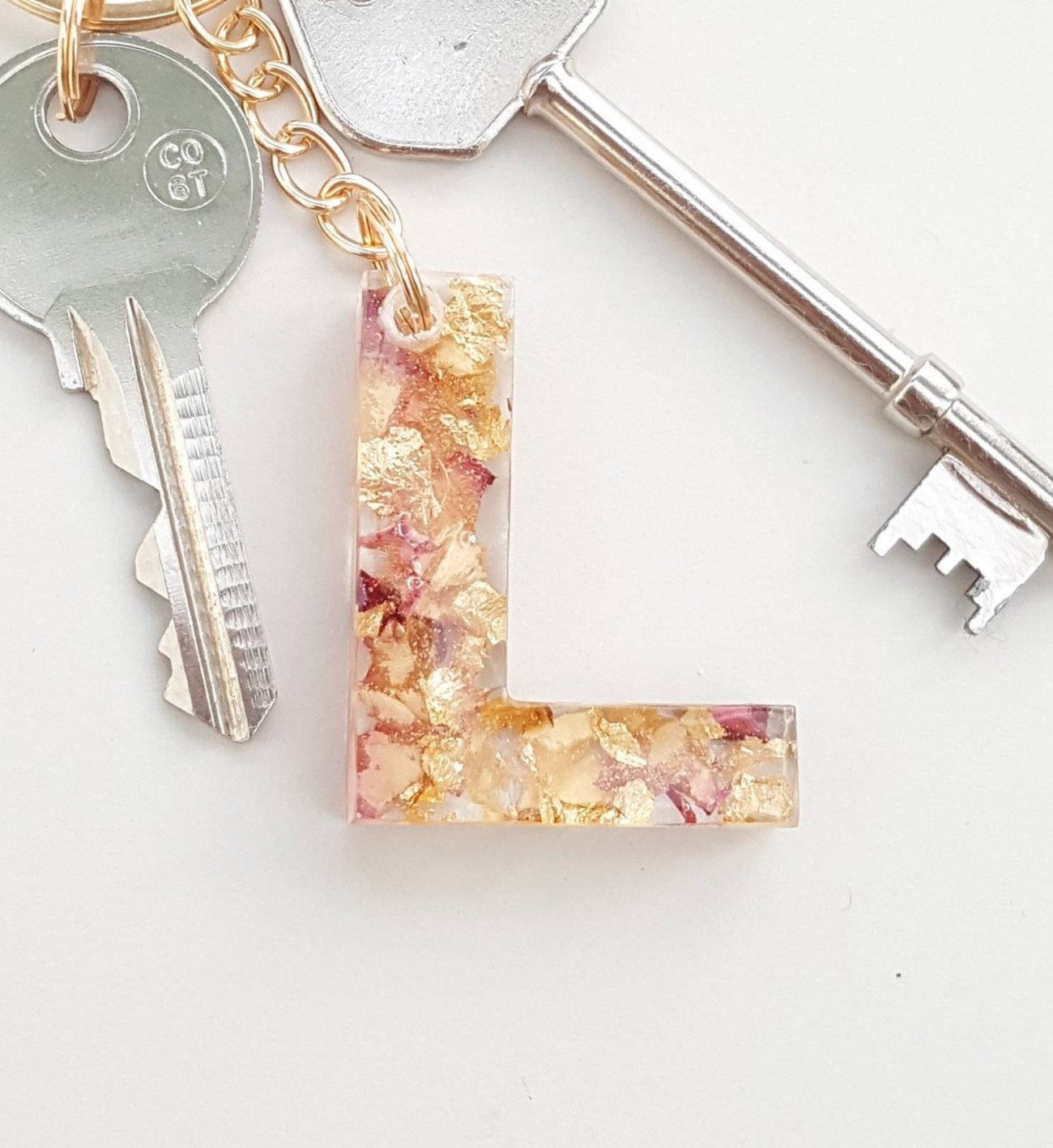 Pink, Cream, & Gold Leaf Initial Keyrings