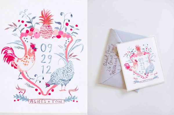 Happy Menocal Watercolor Invitation Crest Chickens Pineapple Fruit Pink Grey Gray Farm Wedding