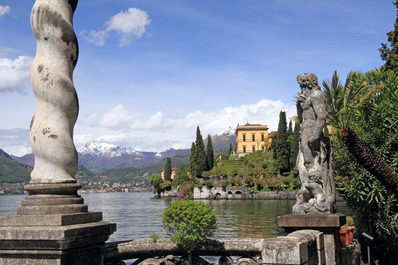 Fantastic landscape of lake Como seen from gardens of Villa Monastero, Varenna, Lombardy, Italy, Europe