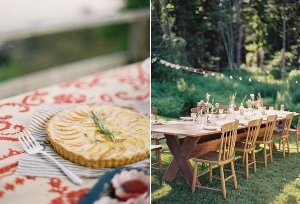 Natural East Coast Maine Wedding Outdoor Reception Dinner Woods Red Blue Green