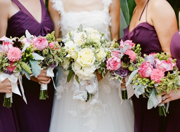 New Orleans French Quarter Wedding Bridesmaids Dresses Purple Pink Flowers