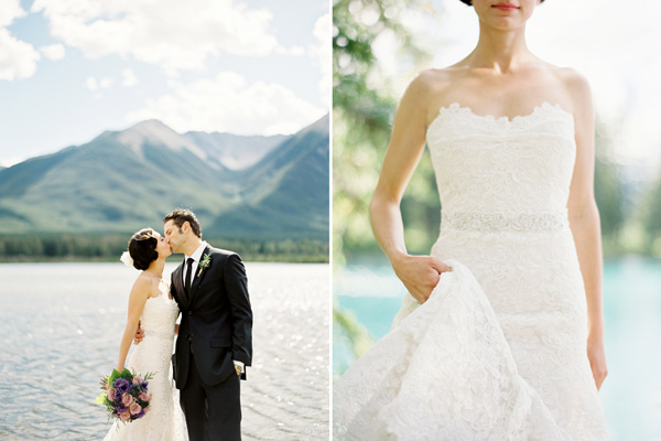 rustic-mountainside-wedding-banff-lake-couple-kiss