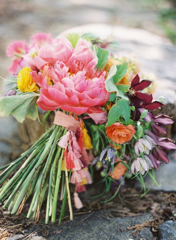 Tassel Bouquet Diy Wedding Ideas Bright Tropical Flowers Pink Peonies