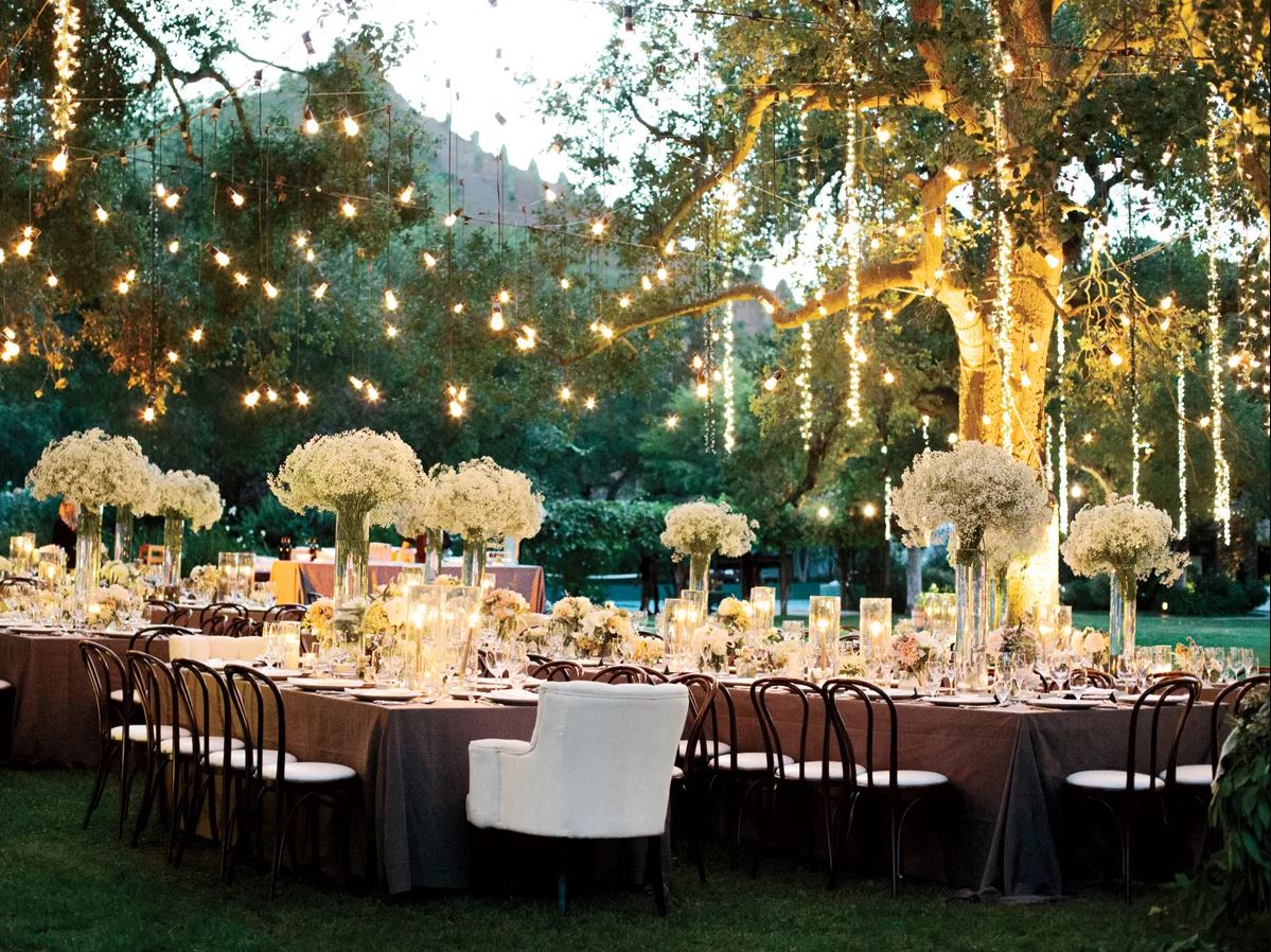 LED string lights at dinner reception